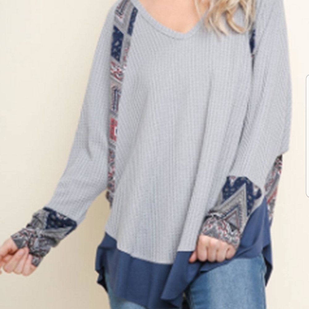 Umgee scarf print waffle knit top
